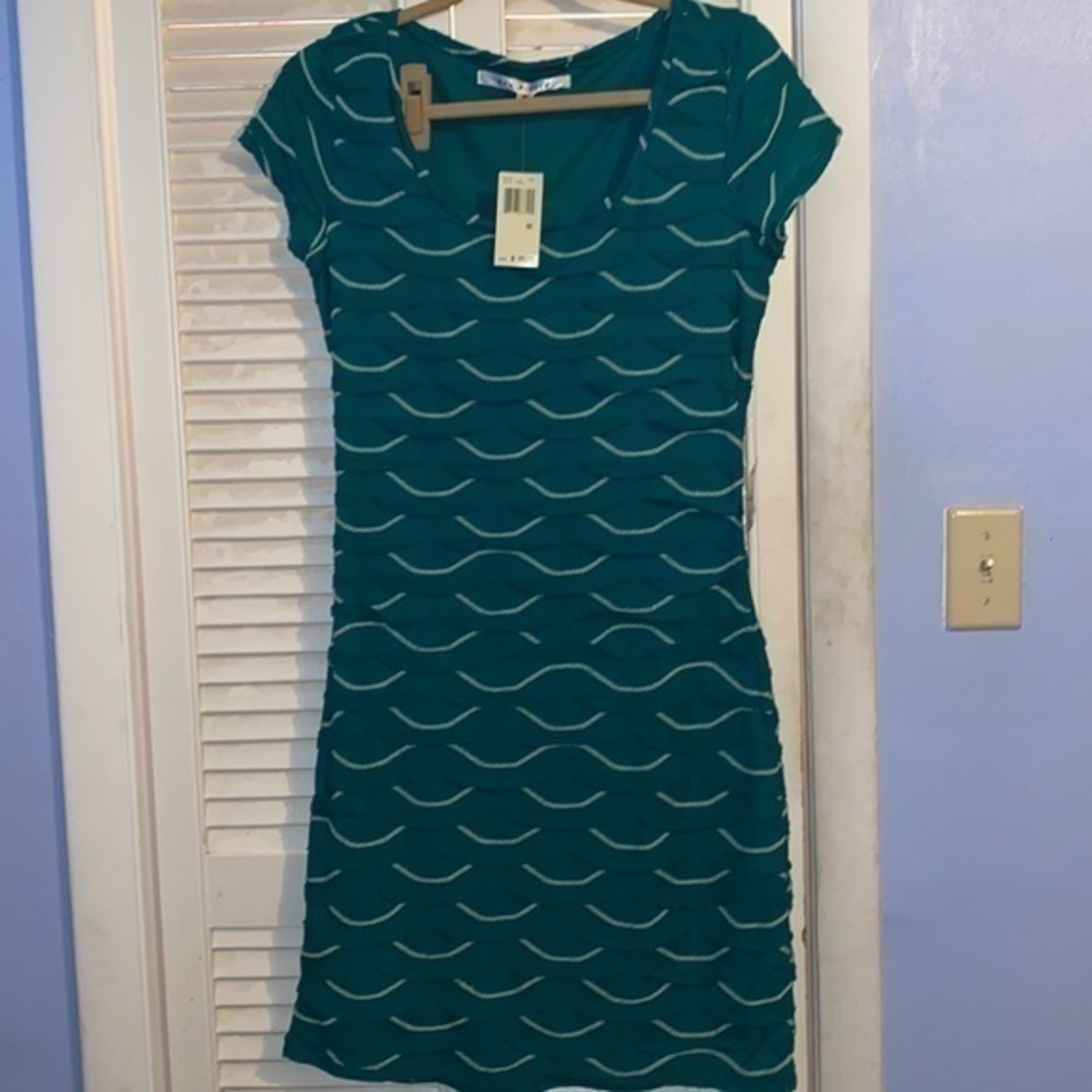 Max Studio - Green & White Smocked Ruffled Dress